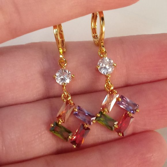 18K Yellow Gold Filled Diamond Zircon Rhombus Shape Dangle Earrings Party Gift - Picture 3 of 4
